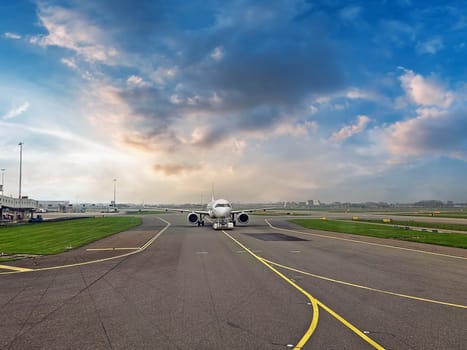 Airplane getting ready for take off on Schiphol airport in the Netherlands