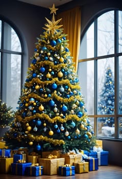 New Year tree with blue and yellow balls, Christmas New Year holiday. High quality photo