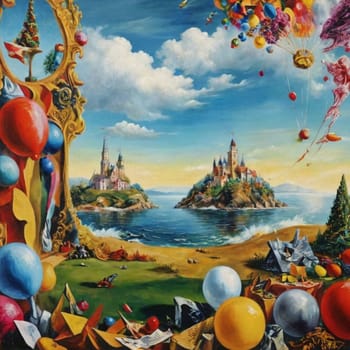 fairytale land castles on the island. High quality illustration