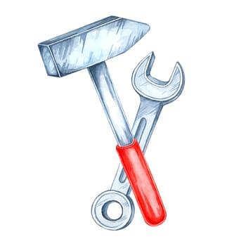 A hammer with a silver head and a red handle, along with a metal wrench. Hand-painted watercolor clipart. Great for construction-related designs, banners, product labels, or materials on repair work
