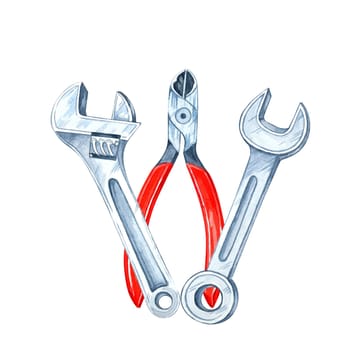 Red-handled pliers and two silver wrenches clipart. Hand-painted watercolor illustration for automotive branding, toolset packaging, or any DIY or crafting-related projects and product designs