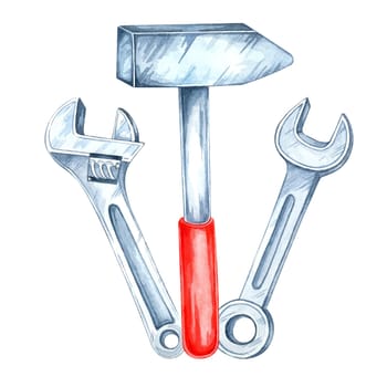 Red-handled hammer paired with two silver wrenches. Hand-painted watercolor illustration. Clipart perfect for mechanic-themed merchandise, workshop designs, or tool catalog layouts