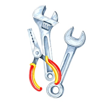 Pliers with red and yellow handles, an adjustable wrench and key clipart. Hand-painted watercolor illustration for tool-related designs, packaging, instructional materials, or DIY promotional items