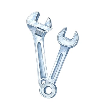 Two metal wrenches, including an adjustable one, crossed. Hand-painted watercolor illustration. Clipart for branding for toolkits, DIY projects, construction labels, or hardware store flyers