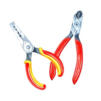 A pair of pliers and cutter with red and yellow handles. Hand-painted hardware, watercolor clipart. Perfect for mechanical projects, product branding, or educational materials about hand tools