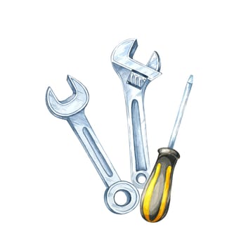 Two wrenches and a yellow-handled screwdriver clipart. Hardware tools hand-painted watercolor illustration. Perfect for instructional manuals, hardware store designs, or tool product packaging