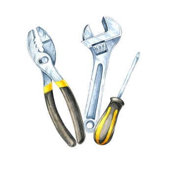 A wrench, pliers and a screwdriver with a black and yellow handle clipart. Tools hand-painted watercolor illustration. Perfect for promotional designs for hardware stores, toolsets, repair equipment