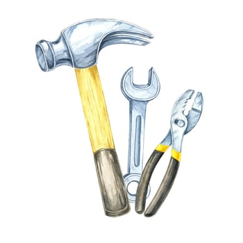 A hammer, pliers, and a wrench clipart. Hand-painted instruments watercolor illustration. Ideal for construction-related designs, tool merchandise branding, or professional hardware catalogs