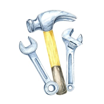 A hammer and two wrenches clipart. Hand-painted watercolor illustration. Ideal for marketing construction tools, industrial merchandise designs, or educational materials on basic repair equipment
