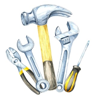 A hammer, wrenches, pliers and screwdriver illustration. Hand-painted watercolor clipart. Perfect for use in home improvement branding, toolset packaging, and construction merchandise