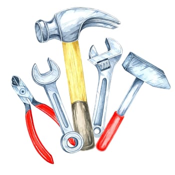 Pliers with red handles, wrenches, and two hammers clipart. Hand-painted watercolor illustration. A great choice for DIY product designs, packaging, or marketing materials for repair services