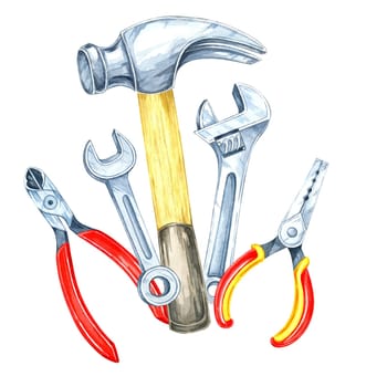 Two wrenches, hammer and a red-handled pliers illustration. Hand-painted watercolor clipart. Ideal for automotive repair designs, toolset branding, or hardware store promotional materials