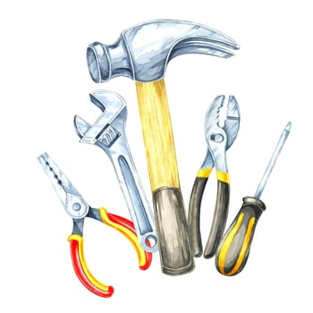 A hammer with a silver head and wooden handle, wrenches, red and yellow-handled pliers, and a screwdriver. Watercolor clipart for construction branding, repair service marketing, or DIY products
