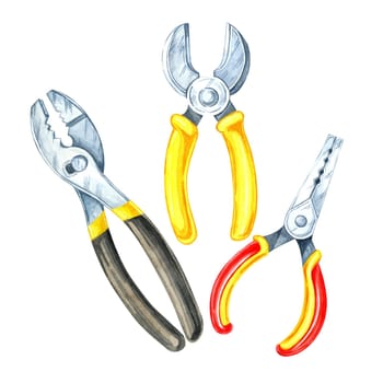 Yellow and red-handled pliers along with a silver wrench. Hand-painted watercolor clipart. Suitable for branding tool merchandise, educational materials, or product labels for hardware stores