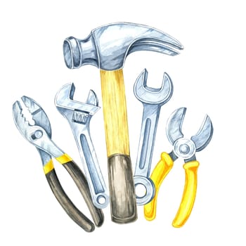 A hammer with a wooden handle, silver wrenches, and pliers. Hand-painted watercolor illustration. Perfect for home improvement catalogs, DIY project designs, and construction branding