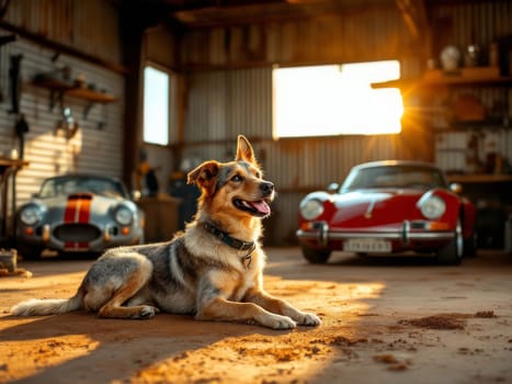 Happy dog lying on the garage floor, surrounded by vintage supercars, basking in the warm glow of a stunning sunset. Ai generated