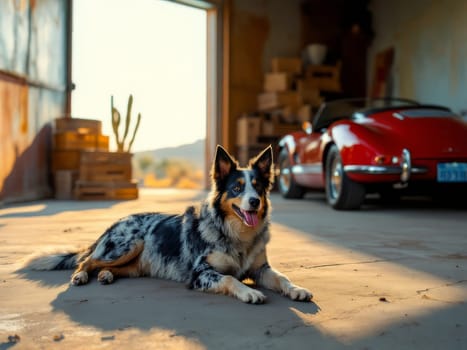 Merle australian shepherd lying on garage floor with vintage convertible sports car in background. Ai generated