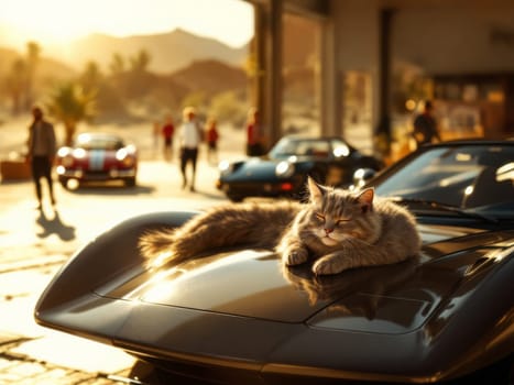 Gray cat resting on a vintage car's hood in a sunny tuning garage with mechanics and enthusiasts in the background. Ai generated
