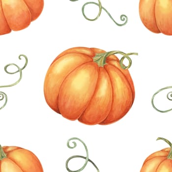 Orange pumpkins with green curly vines clipart. Watercolor seamless pattern Perfect for autumn-themed wrapping paper, fabric design, party invitations, and seasonal decorations.