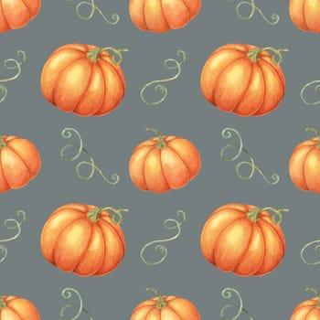 Orange pumpkins and green vines backdrop clipart. Watercolor seamless pattern for use in home decor, event invitations, themed merchandise, and seasonal tableware.