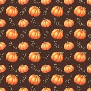 Orange pumpkins and green vines backdrop clipart. Watercolor seamless pattern for use in home decor, event invitations, themed merchandise, and seasonal tableware.