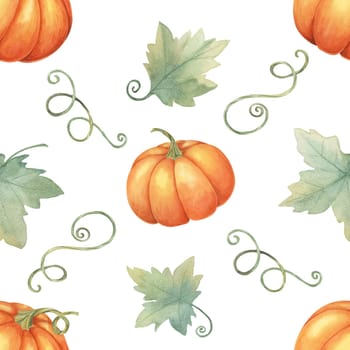Orange pumpkins with green leaves and vines clipart. Watercolor seamless pattern Perfect for autumn-themed wrapping paper, fabric design, party invitations, and seasonal decorations.
