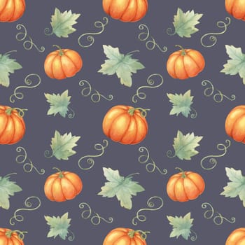Watercolor seamless pattern of pumpkins with green vines and leaves. Hand drawn background clipart ideal for fabric designs, seasonal gift wrap, kitchen textiles, and fall-themed party supplies