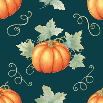Vibrant orange pumpkins with green foliage clipart. Watercolor seamless pattern great for textile designs, gift wrapping, party supplies, and autumn-inspired stationery