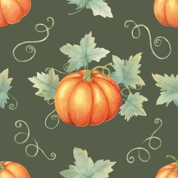 Orange pumpkins with lush green leaves clipart. Seamless watercolor pattern Ideal for creating festive tablecloths, fall-themed merchandise, wallpaper, and eco-friendly packaging.