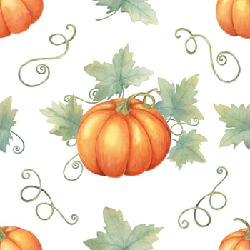 Orange pumpkins with green leaves and vines clipart. Watercolor seamless pattern Perfect for autumn-themed wrapping paper, fabric design, party invitations, and seasonal decorations.