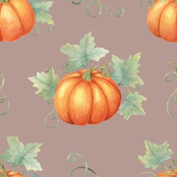 Orange pumpkins with lush green leaves clipart. Seamless watercolor pattern Ideal for creating festive tablecloths, fall-themed merchandise, wallpaper, and eco-friendly packaging.
