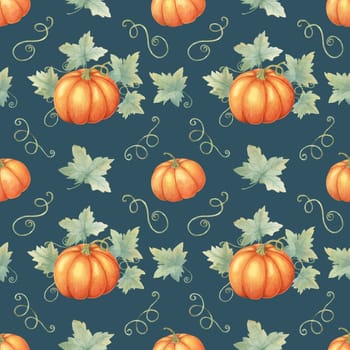 Vibrant orange pumpkins with green foliage clipart. Watercolor seamless pattern great for textile designs, gift wrapping, party supplies, and autumn-inspired stationery