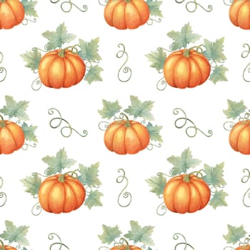 Vibrant orange pumpkins with green foliage clipart. Watercolor seamless pattern great for textile designs, gift wrapping, party supplies, and autumn-inspired stationery