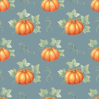 Vibrant orange pumpkins with green foliage clipart. Watercolor seamless pattern great for textile designs, gift wrapping, party supplies, and autumn-inspired stationery
