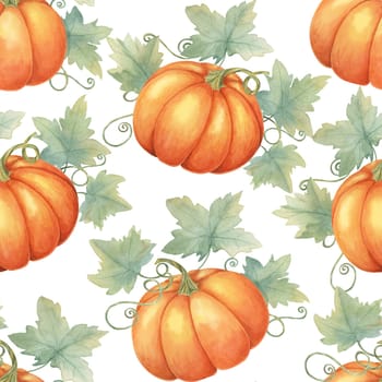 Orange pumpkins and green leaves backdrop clipart. Watercolor seamless pattern for use in home decor, event invitations, themed merchandise, and seasonal tableware.