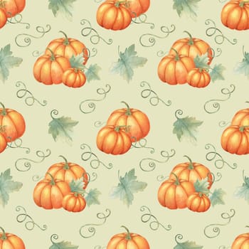 Orange Pumpkins and green leaves in a seamless watercolor pattern. Hand drawn Backdrop Clipart Ideal for creating festive tablecloths, party invitations, gift wrap, and seasonal home decor