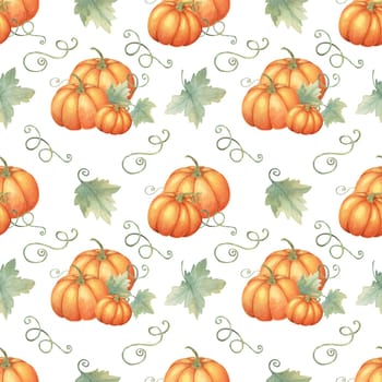 Orange Pumpkins and green leaves in a seamless watercolor pattern. Hand drawn Backdrop Clipart Ideal for creating festive tablecloths, party invitations, gift wrap, and seasonal home decor