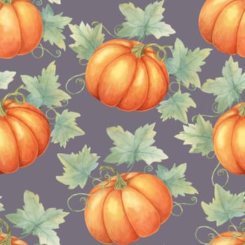 Orange pumpkins and green leaves backdrop clipart. Watercolor seamless pattern for use in home decor, event invitations, themed merchandise, and seasonal tableware.