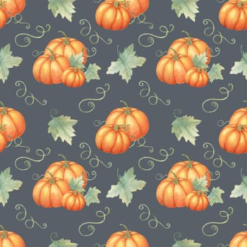 Watercolor seamless pattern featuring orange pumpkins and green leaves. Hand drawn backdrop clipart for autumn event invitations, home textiles, wrapping paper, and eco-friendly packaging designs.