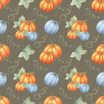 Orange and blue pumpkins with green leaves background. Watercolor seamless pattern Ideal for autumn-themed wrapping paper, textiles, party supplies, and seasonal decorations