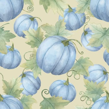 Blue pumpkins with green leaves and vines background clipart. Seamless watercolor pattern Great for creating autumn-inspired home decor, event invitations, party supplies, and eco-friendly packaging