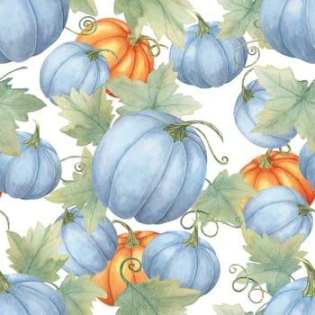 Blue and orange pumpkins with green leaves and vines backdrop. Watercolor seamless pattern great for textile designs, seasonal gift wrap, kitchen towels, and fall-themed party invitations