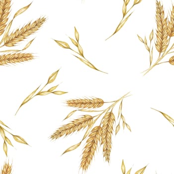 Golden wheat or barley spikes background. Watercolor seamless pattern Perfect for textile design, rustic-themed packaging, eco-friendly branding, and nature-inspired wallpapers and stationery