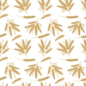 Wheat or barley golden cereal spikes backdrop for Thanksgiving, bakery, Shavuot. Seamless watercolor for fabric designs, nature-themed packaging, eco-conscious branding, and rustic home decor projects