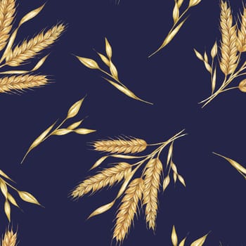 Clusters of golden Barley or Wheat ears. Watercolor seamless pattern for autumn-themed textiles, rustic wallpaper, eco-friendly product packaging, and organic branding materials, Shavuot, thanksgiving