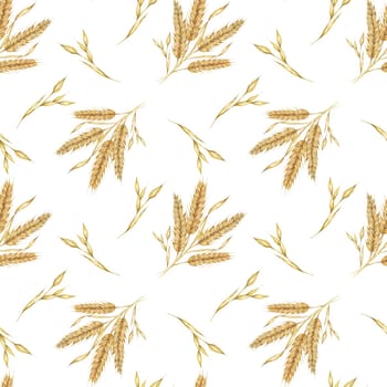 Wheat or barley golden cereal spikes backdrop for Thanksgiving, bakery, Shavuot. Seamless watercolor for fabric designs, nature-themed packaging, eco-conscious branding, and rustic home decor projects