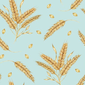 Clusters of golden Barley or Wheat ears. Watercolor seamless pattern for autumn-themed textiles, rustic wallpaper, eco-friendly product packaging, and organic branding materials, Shavuot, thanksgiving