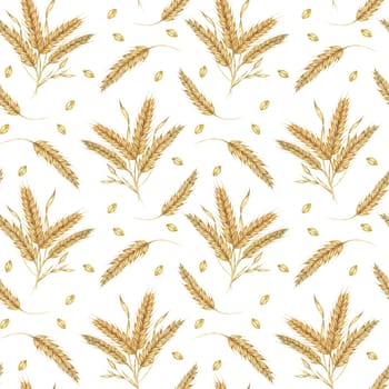 Wheat or barley golden cereal spikes backdrop for Thanksgiving, bakery, Shavuot. Seamless watercolor for fabric designs, nature-themed packaging, eco-conscious branding, and rustic home decor projects