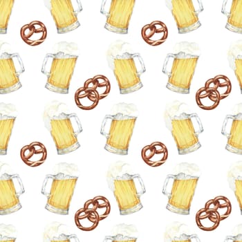 Beer mugs and pretzels backdrop. Watercolor seamless pattern clipart for festive event invitations, party decorations, themed apparel, and Oktoberfest-inspired merchandise and tablecloths