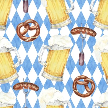 Beer mugs, pretzels, and sausages on Bavarian flag background. Watercolor seamless pattern Ideal for party supplies, event invitations, and Oktoberfest-themed merchandise and decorations